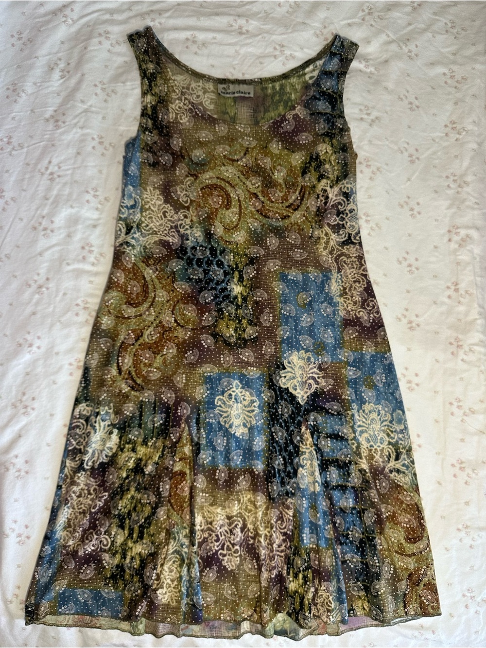 Sleeveless Patchwork Midi Dress in Green, Blue & Brown